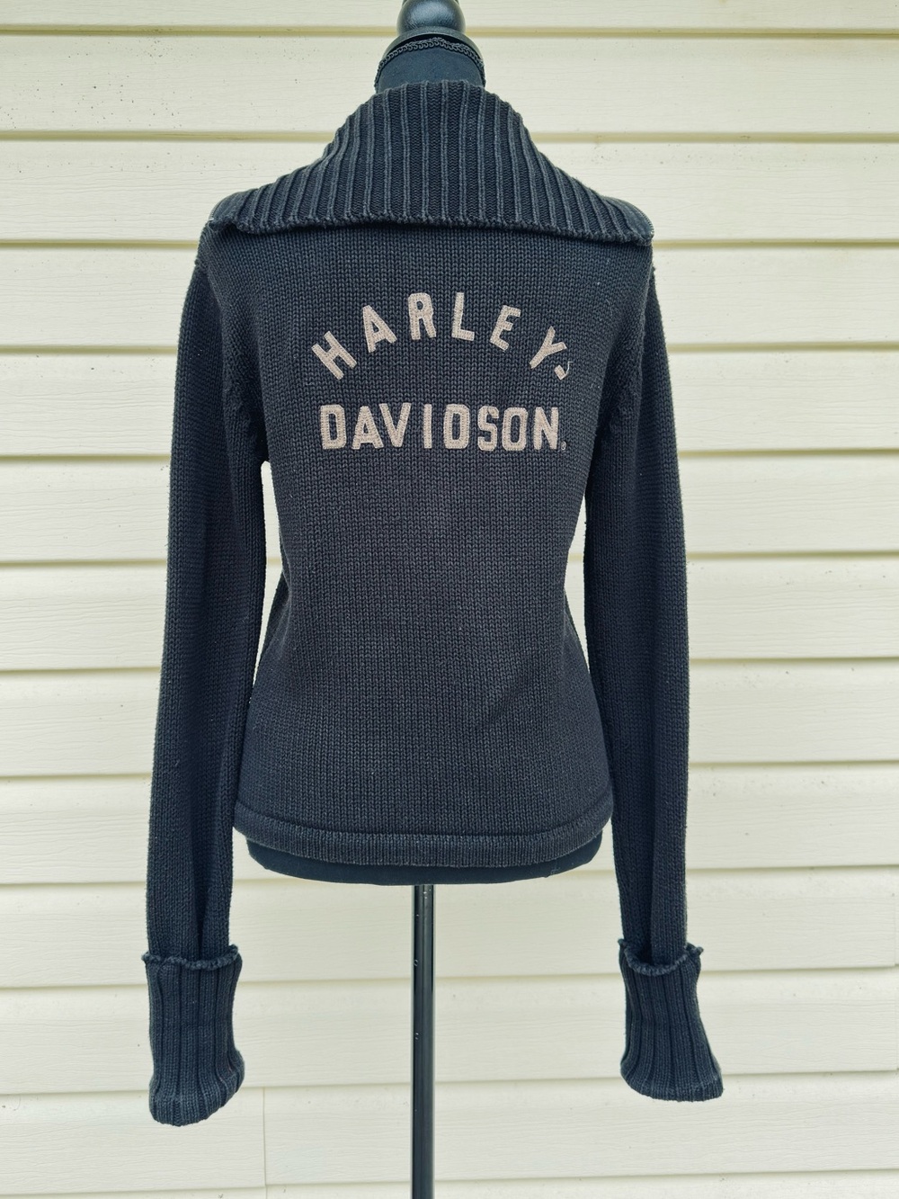HARLEY-DAVIDSON ~ Black Knit Cardigan with Contrast Logo and Brass Zipper size L - Picture 4 of 10